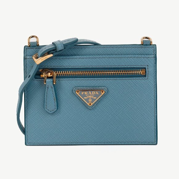 Prada Blue Saffiano Leather Shoulder-Strap Card Holder - Picture 1 of 10
